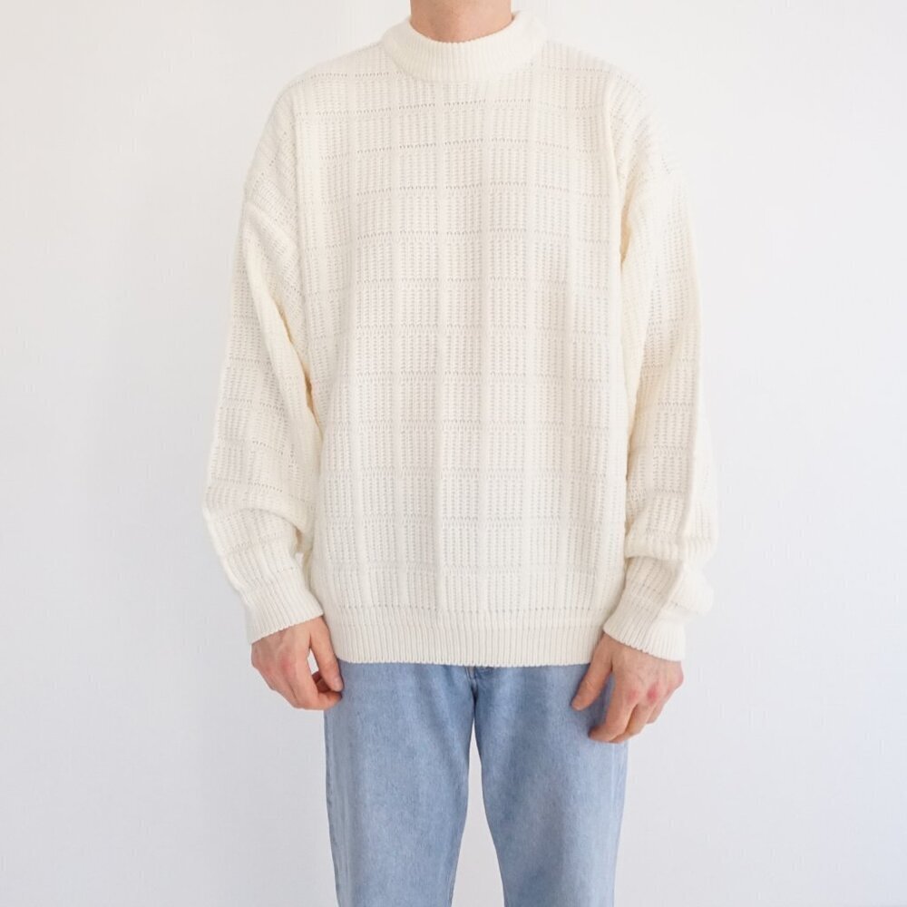 Vintage 90s Functionals Cream Textured Grid Knit Mock Neck Sweater Cotton XL